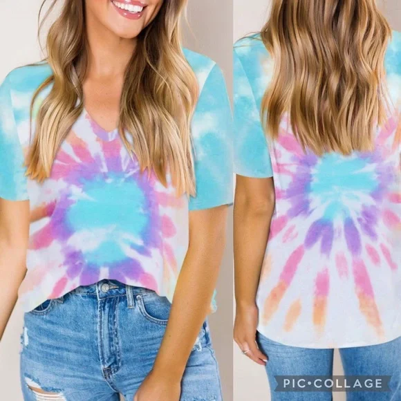 MULTICOLOR Gradient Tie Dye V Neck T-shirt - Picture 1 of 1